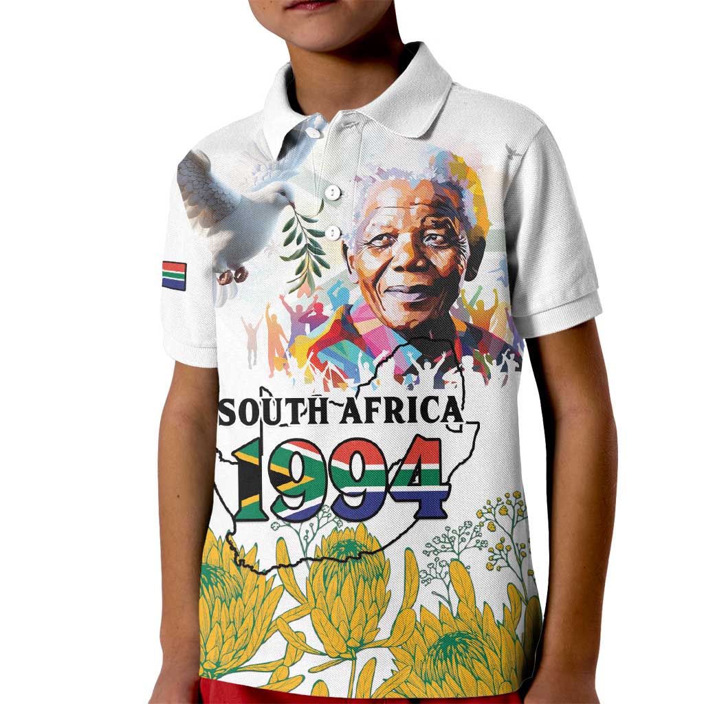 Happy South Africa Freedom Day Kid Polo Shirt Nelson Mandela With Protea