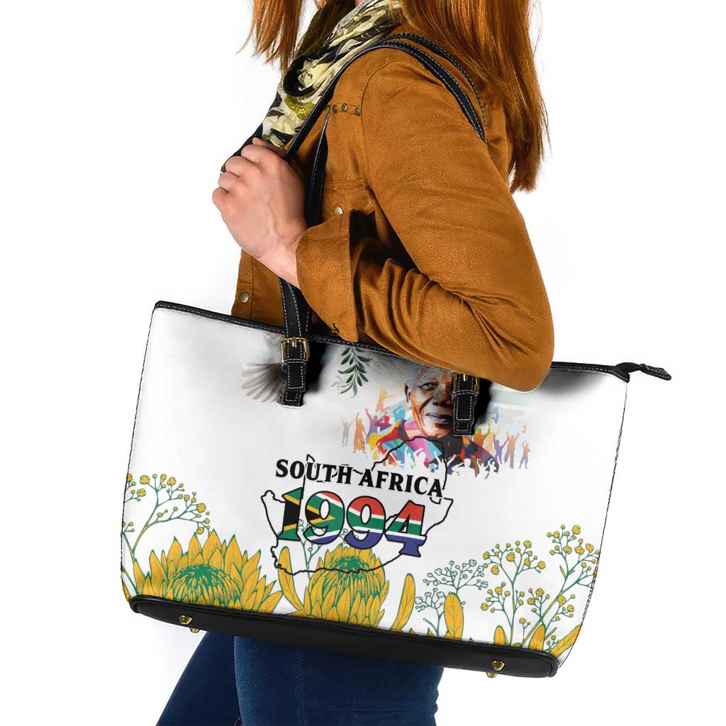 Happy South Africa Freedom Day Leather Tote Bag Nelson Mandela With Protea