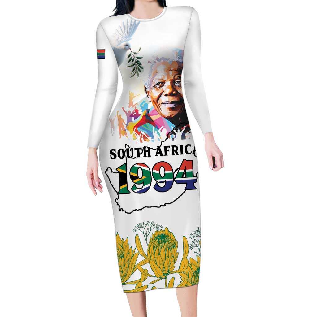 Happy South Africa Freedom Day Long Sleeve Bodycon Dress Nelson Mandela With Protea