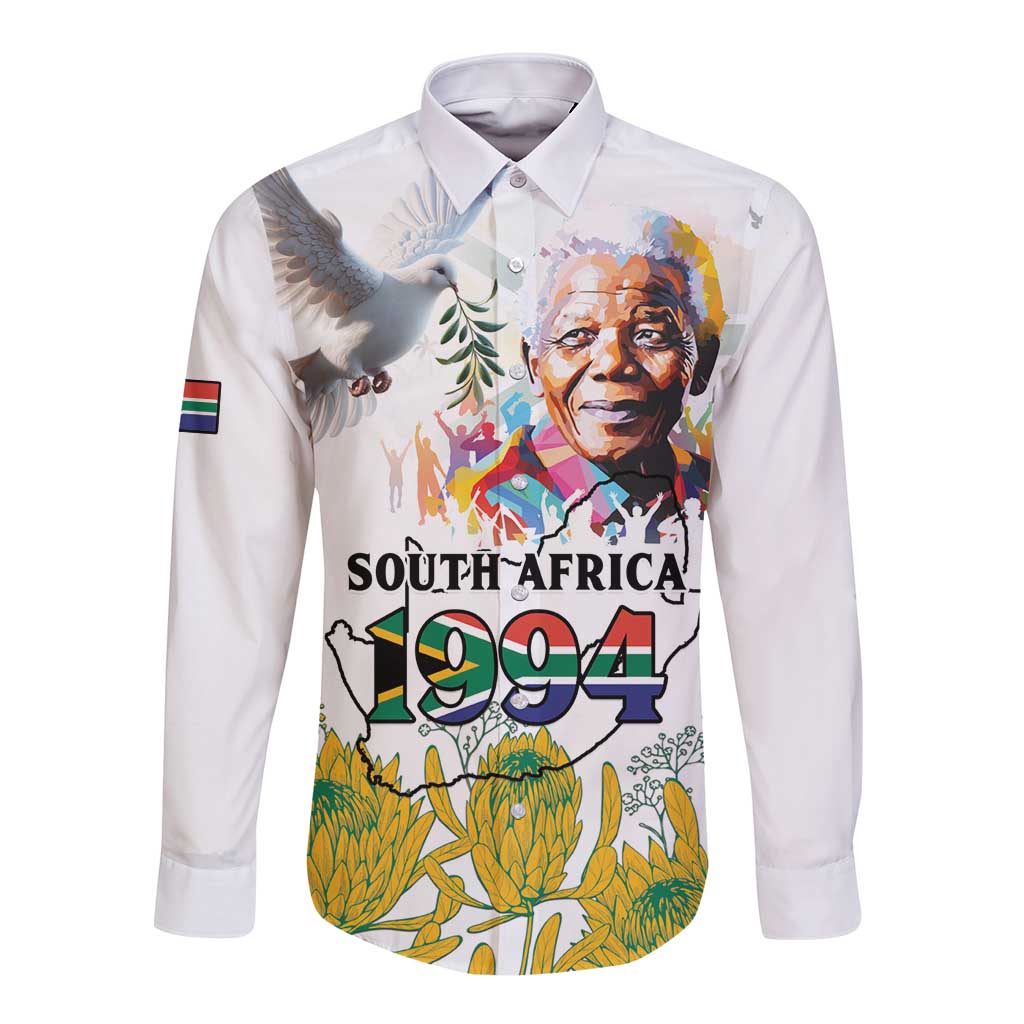 Happy South Africa Freedom Day Long Sleeve Button Shirt Nelson Mandela With Protea