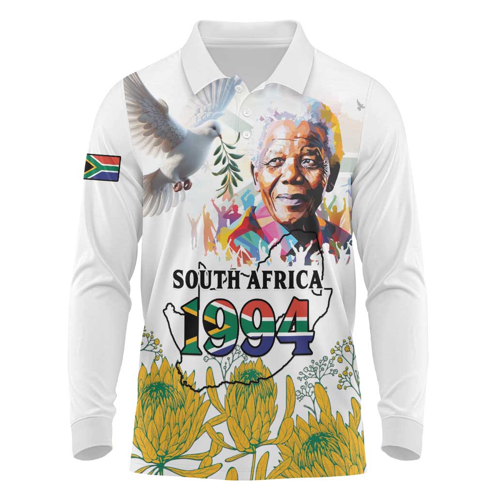 Happy South Africa Freedom Day Long Sleeve Polo Shirt Nelson Mandela With Protea