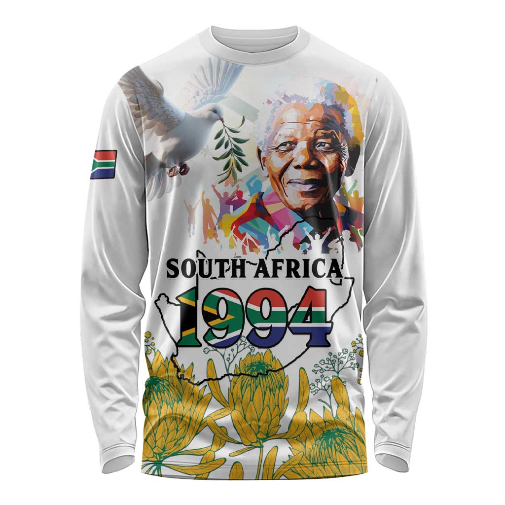 Happy South Africa Freedom Day Long Sleeve Shirt Nelson Mandela With Protea