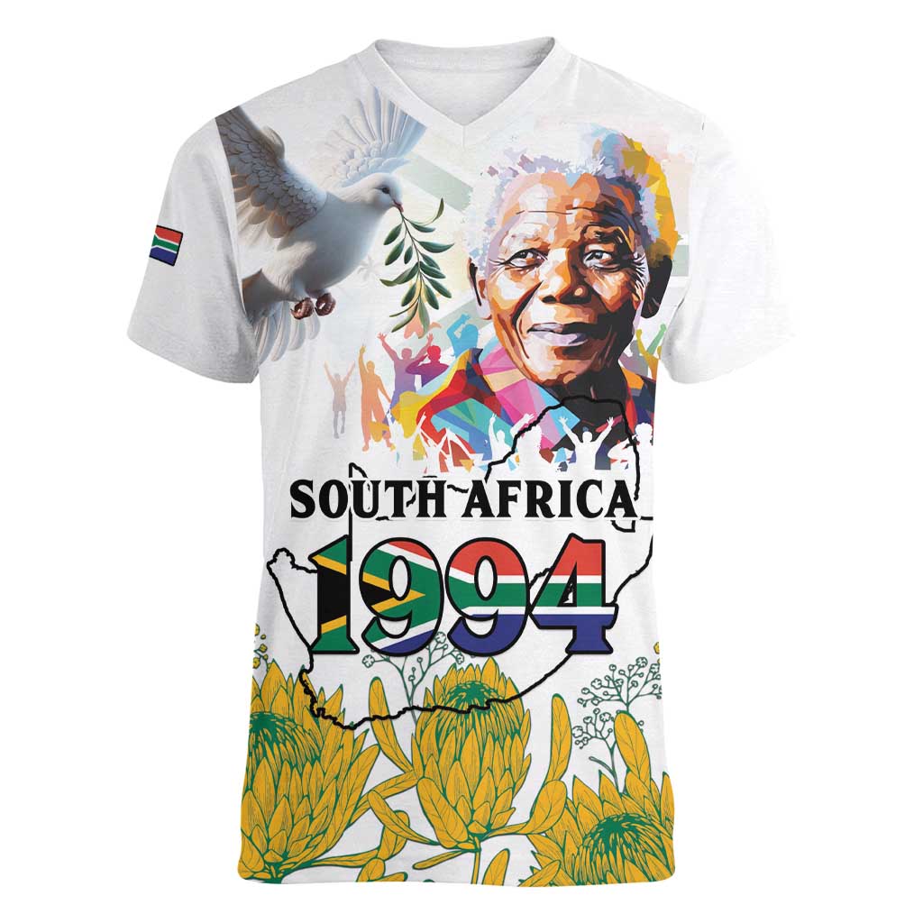 Happy South Africa Freedom Day Women V-Neck T-Shirt Nelson Mandela With Protea