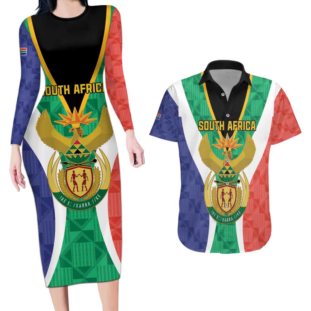 Personalised South Africa Couples Matching Long Sleeve Bodycon Dress and Hawaiian Shirt Coat Of Arms Flag Style