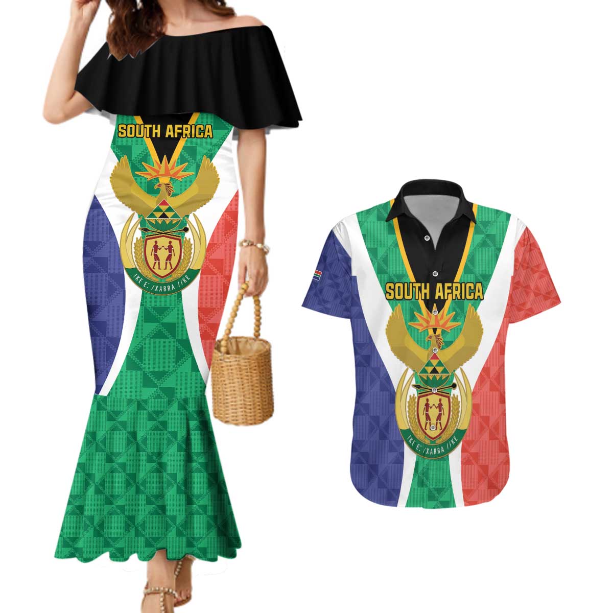 Personalised South Africa Couples Matching Mermaid Dress and Hawaiian Shirt Coat Of Arms Flag Style