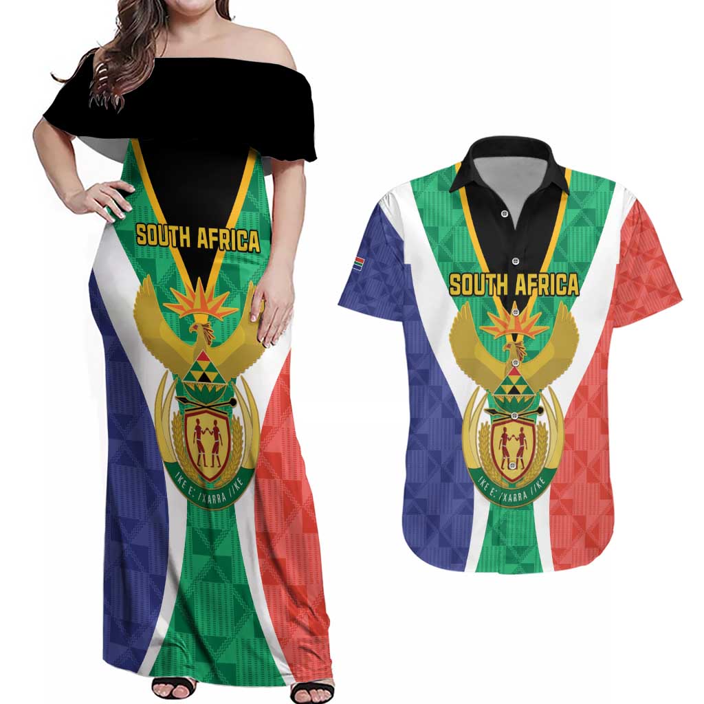 Personalised South Africa Couples Matching Off Shoulder Maxi Dress and Hawaiian Shirt Coat Of Arms Flag Style