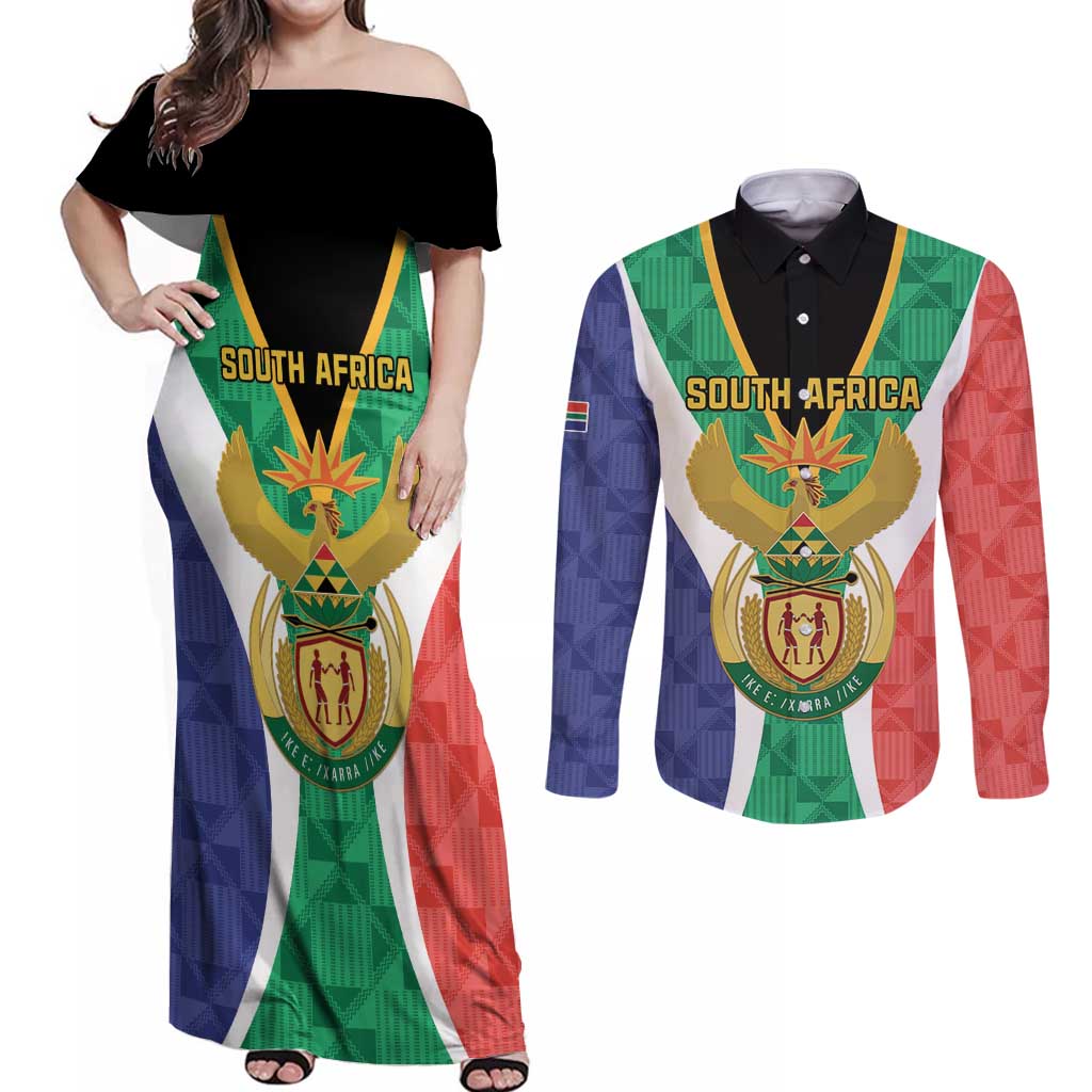 Personalised South Africa Couples Matching Off Shoulder Maxi Dress and Long Sleeve Button Shirt Coat Of Arms Flag Style