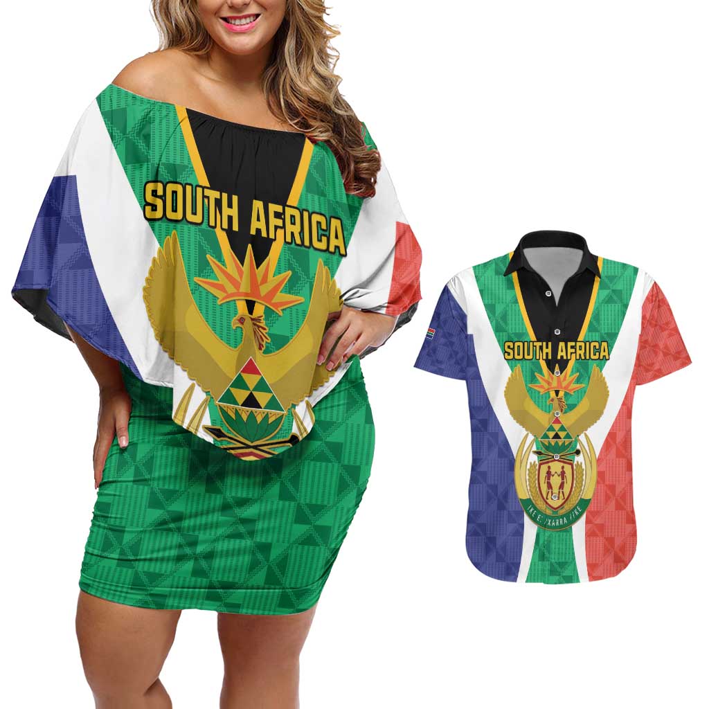 Personalised South Africa Couples Matching Off Shoulder Short Dress and Hawaiian Shirt Coat Of Arms Flag Style