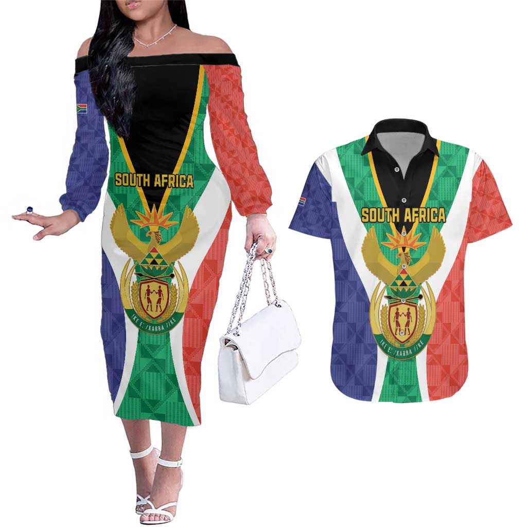 Personalised South Africa Couples Matching Off The Shoulder Long Sleeve Dress and Hawaiian Shirt Coat Of Arms Flag Style