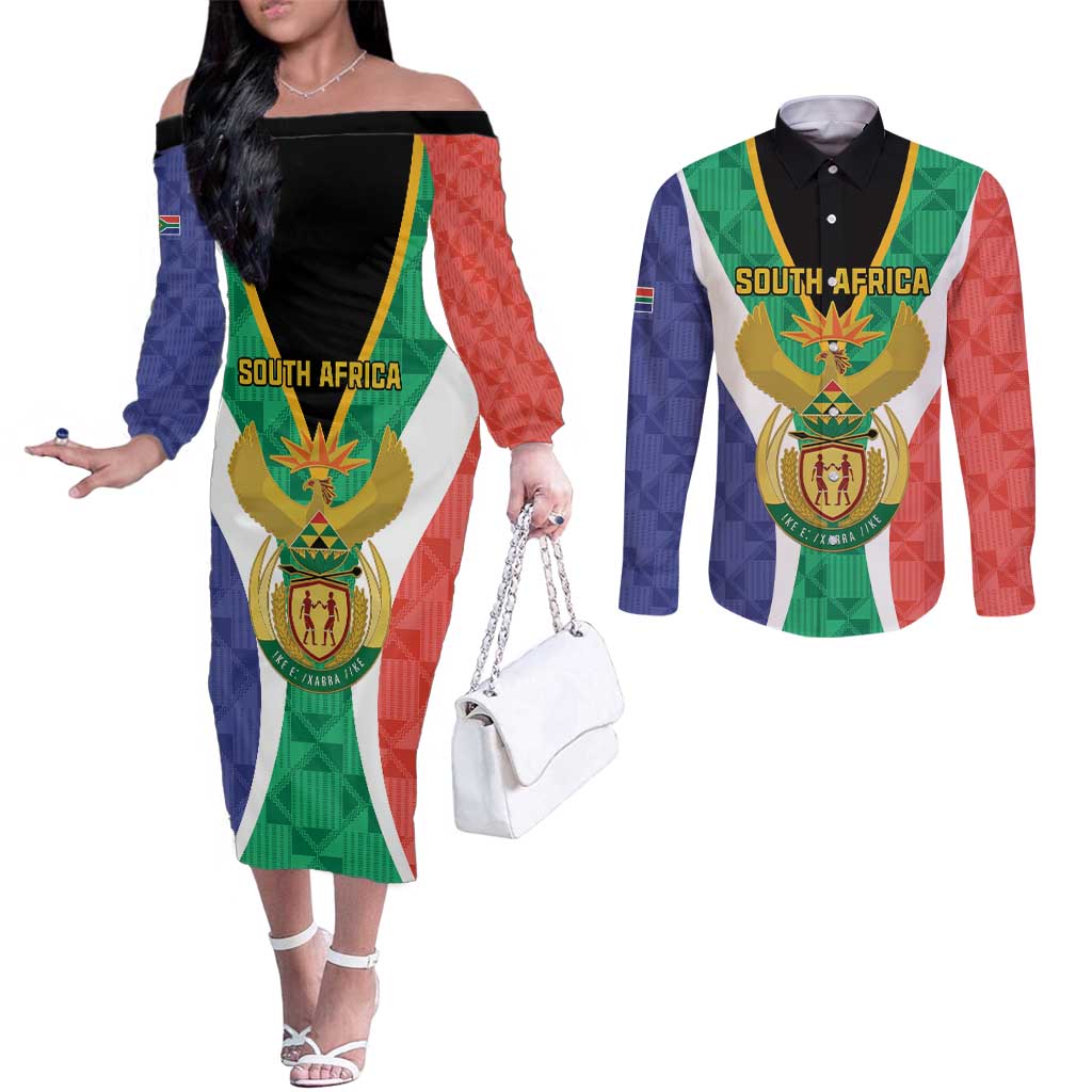 Personalised South Africa Couples Matching Off The Shoulder Long Sleeve Dress and Long Sleeve Button Shirt Coat Of Arms Flag Style