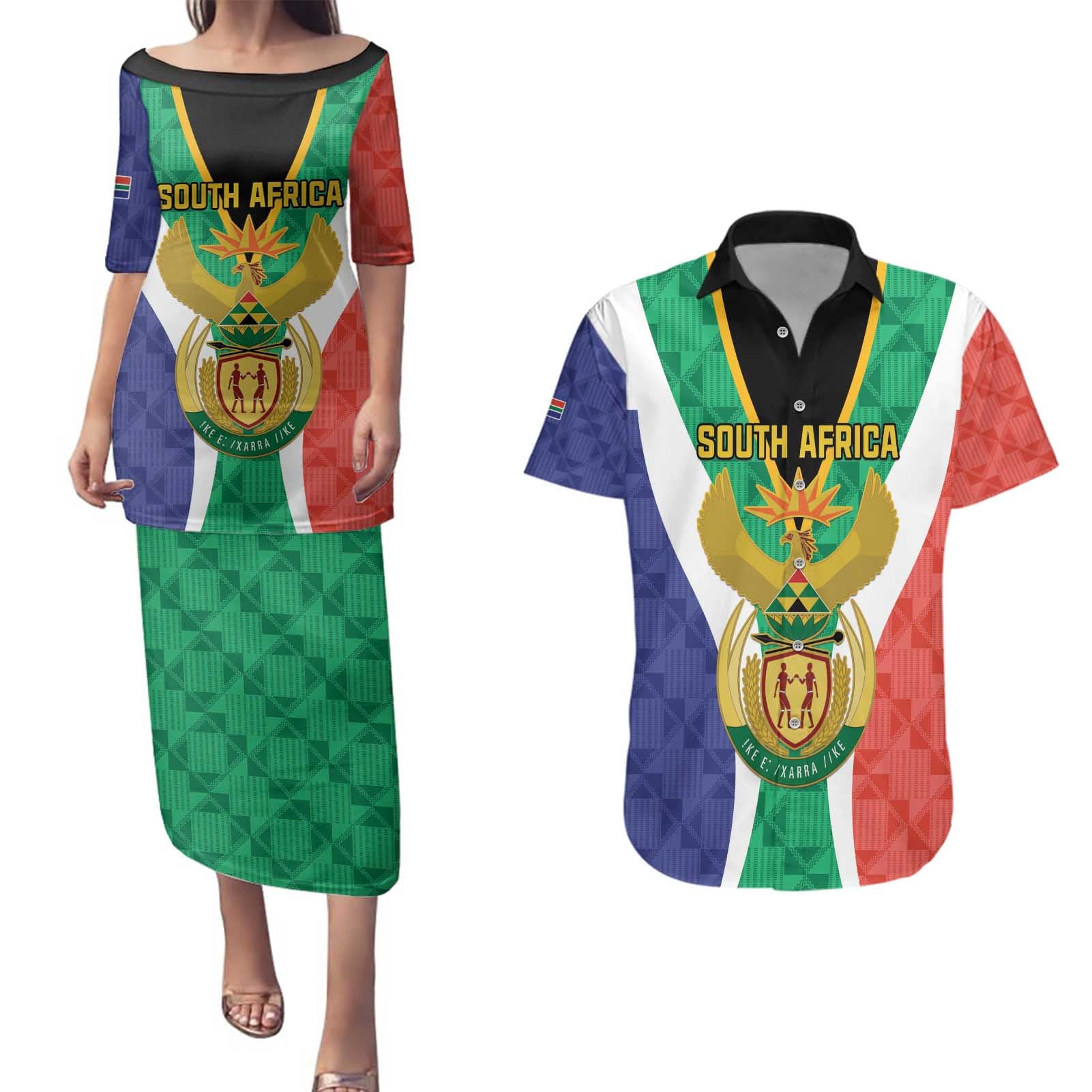 Personalised South Africa Couples Matching Puletasi and Hawaiian Shirt Coat Of Arms Flag Style