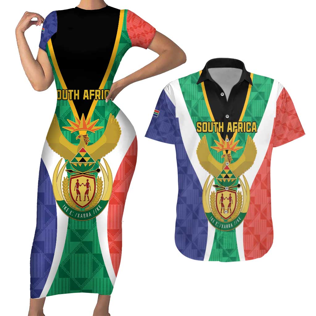 Personalised South Africa Couples Matching Short Sleeve Bodycon Dress and Hawaiian Shirt Coat Of Arms Flag Style