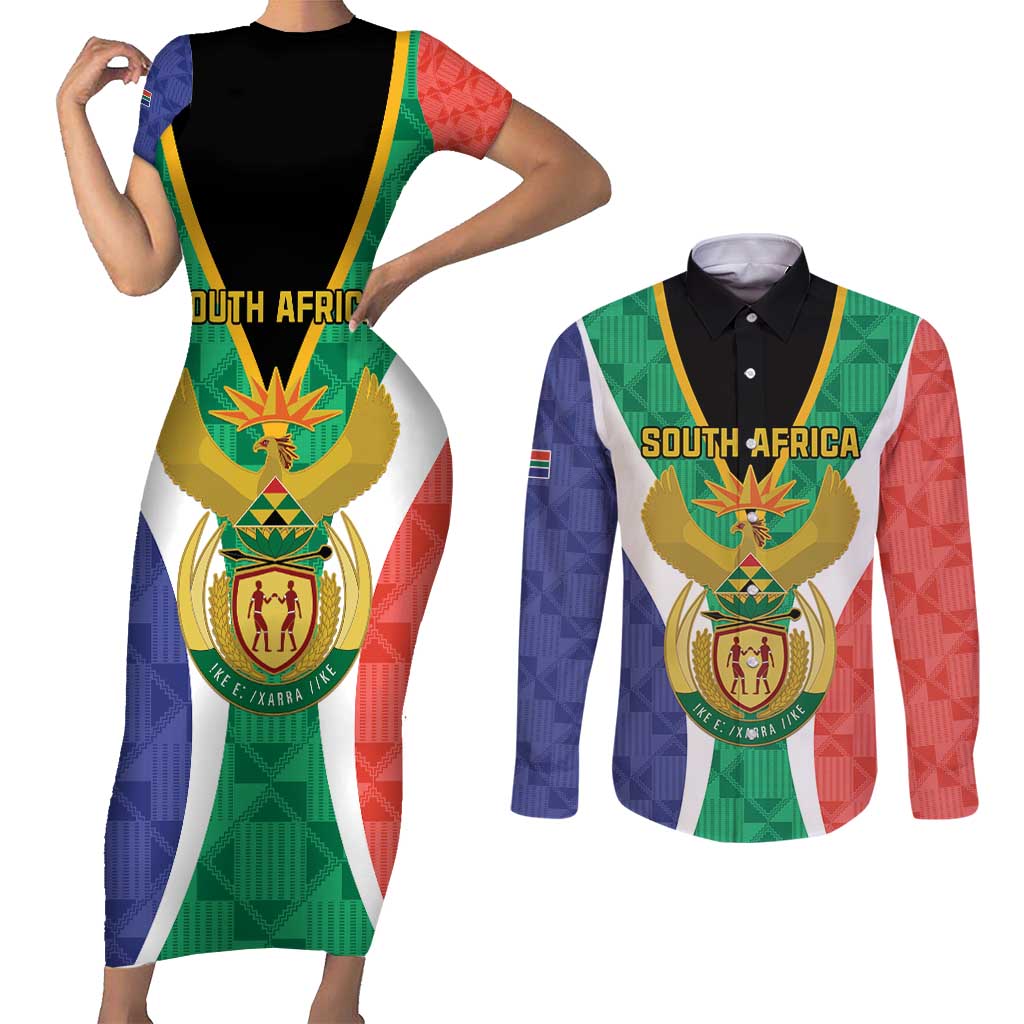 Personalised South Africa Couples Matching Short Sleeve Bodycon Dress and Long Sleeve Button Shirt Coat Of Arms Flag Style