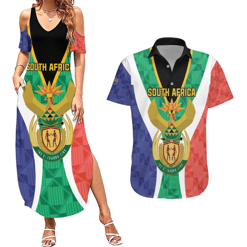 Personalised South Africa Couples Matching Summer Maxi Dress and Hawaiian Shirt Coat Of Arms Flag Style