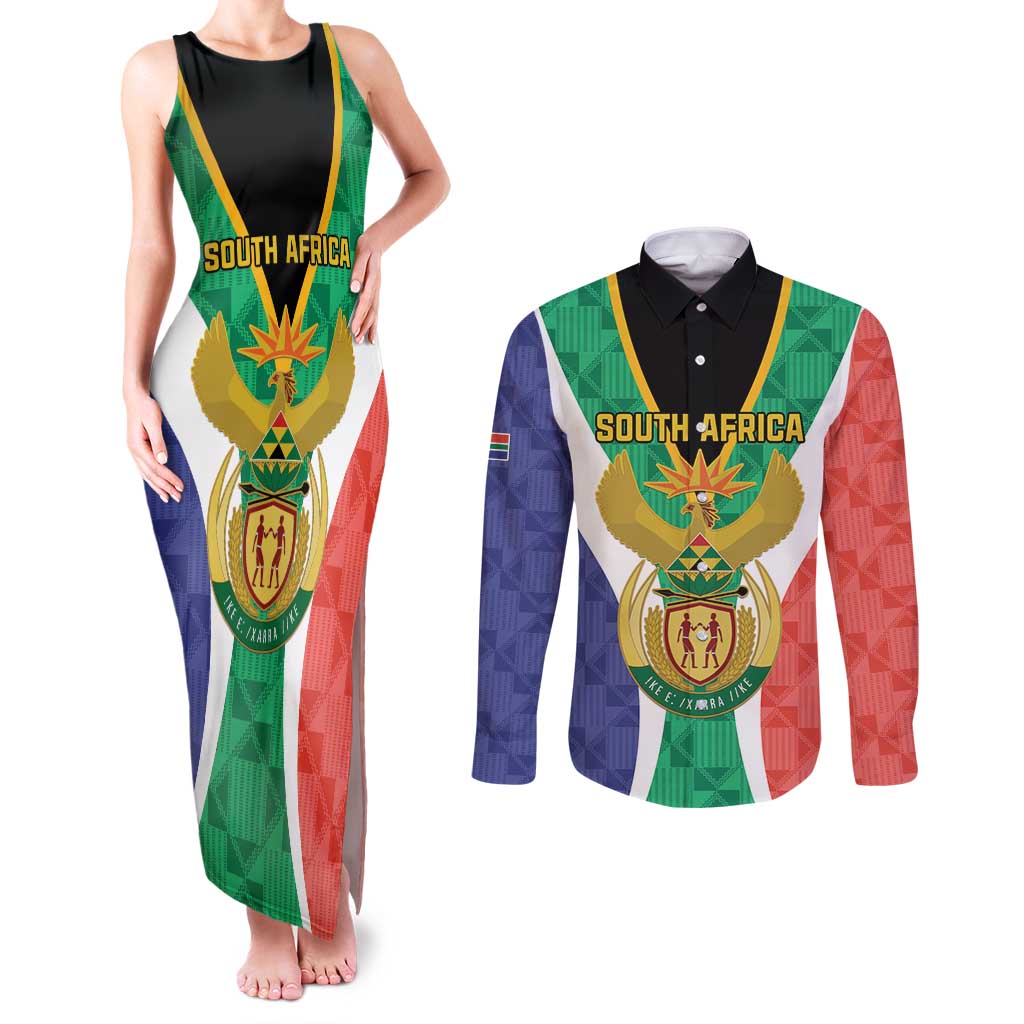 Personalised South Africa Couples Matching Tank Maxi Dress and Long Sleeve Button Shirt Coat Of Arms Flag Style