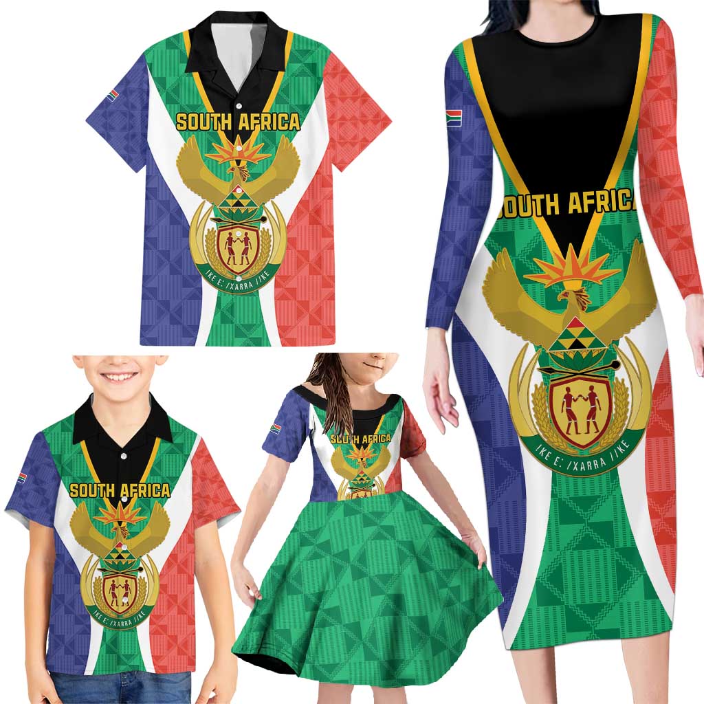 Personalised South Africa Family Matching Long Sleeve Bodycon Dress and Hawaiian Shirt Coat Of Arms Flag Style