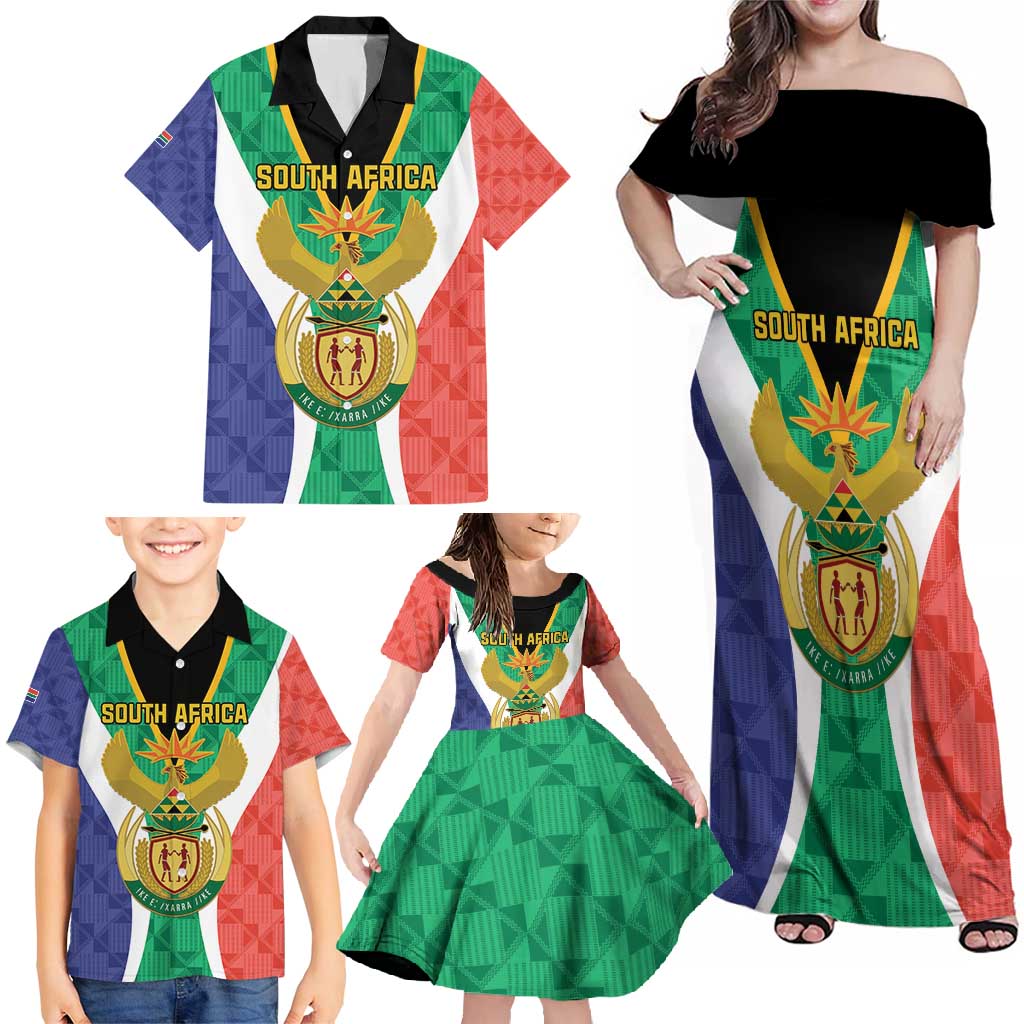 Personalised South Africa Family Matching Off Shoulder Maxi Dress and Hawaiian Shirt Coat Of Arms Flag Style