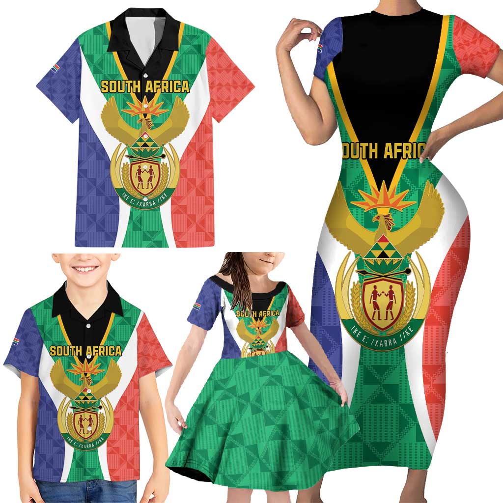 Personalised South Africa Family Matching Short Sleeve Bodycon Dress and Hawaiian Shirt Coat Of Arms Flag Style