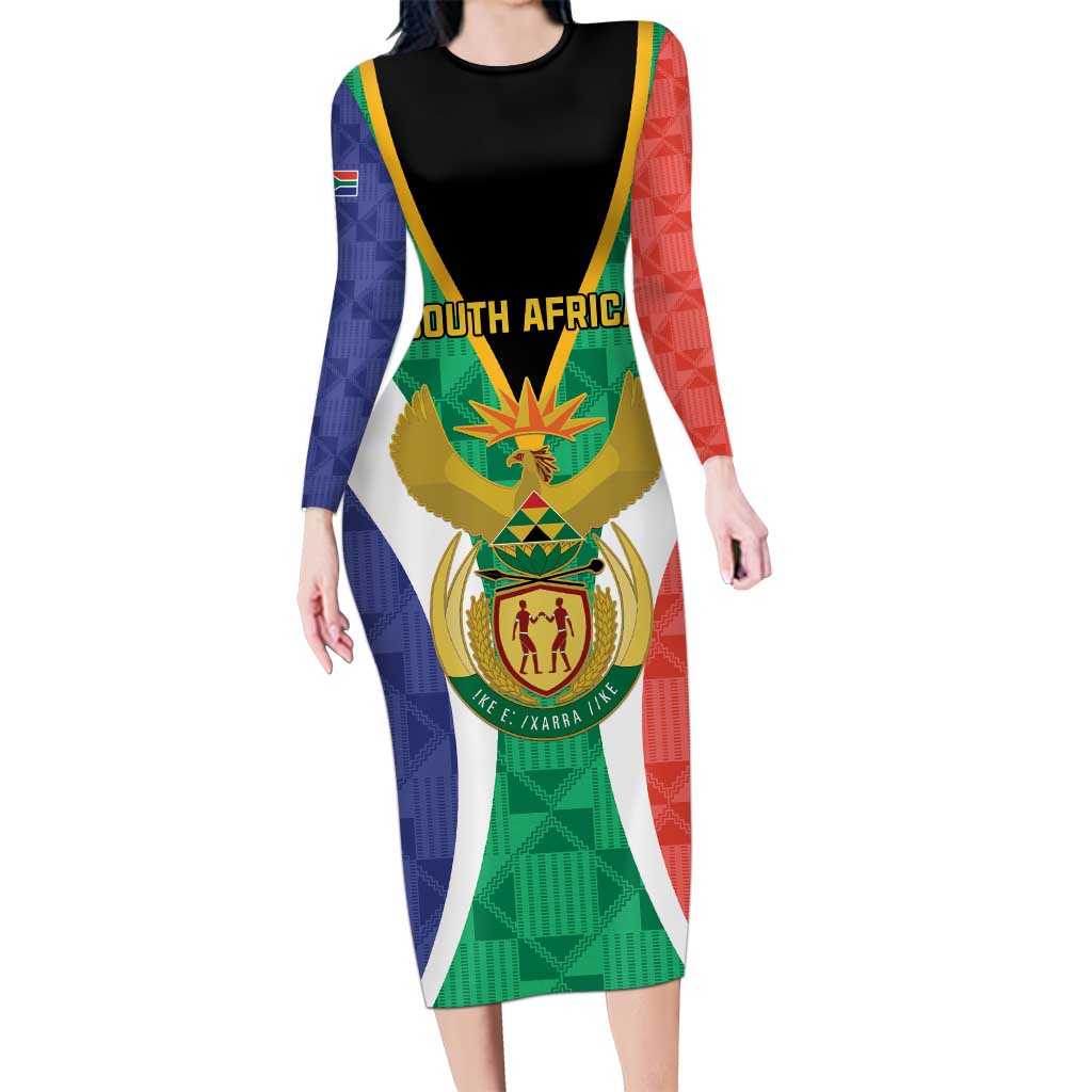 Personalised South Africa Long Sleeve Bodycon Dress Coat Of Arms Flag Style