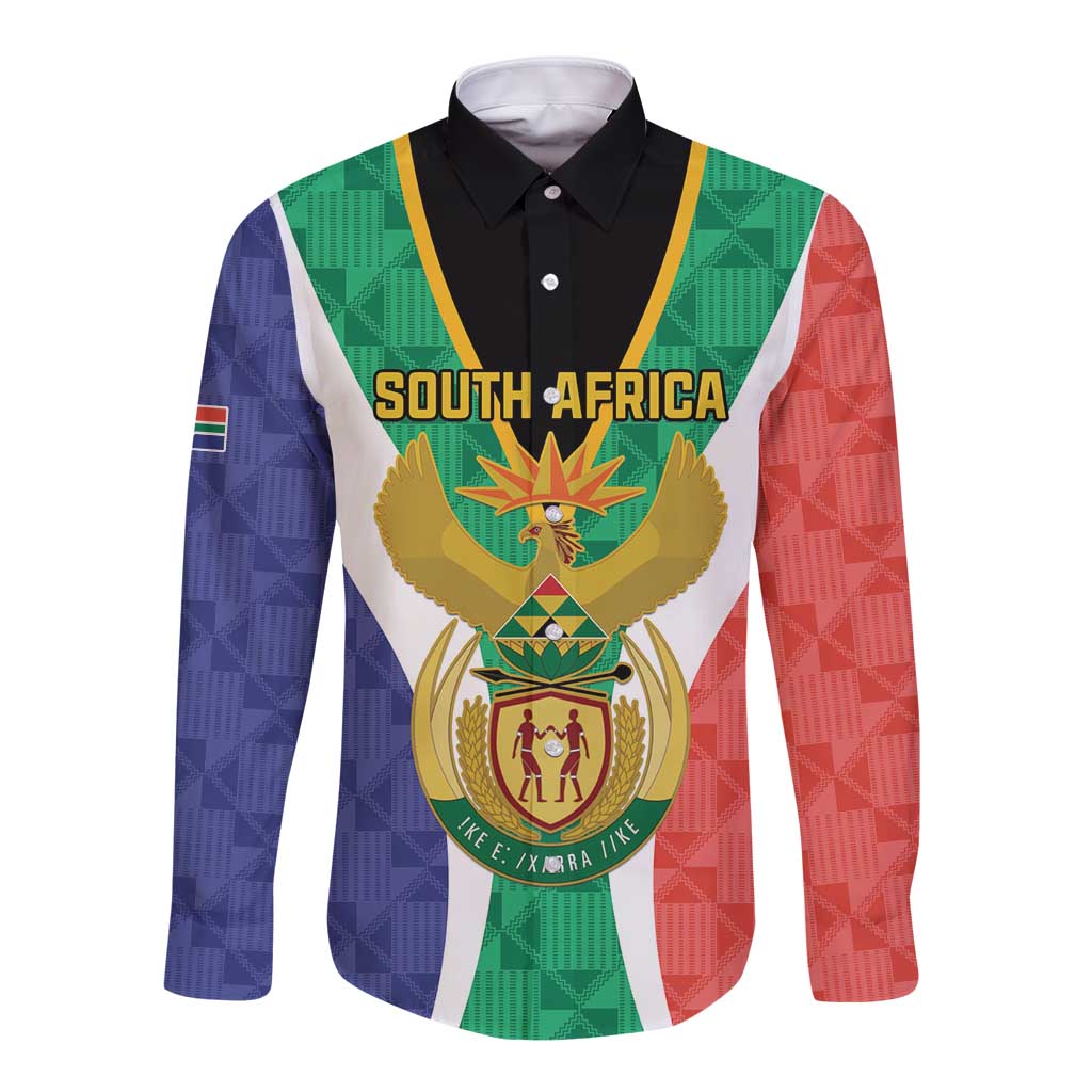 Long-sleeve button shirt with South Africa crest graphic, green/blue/red flag pattern