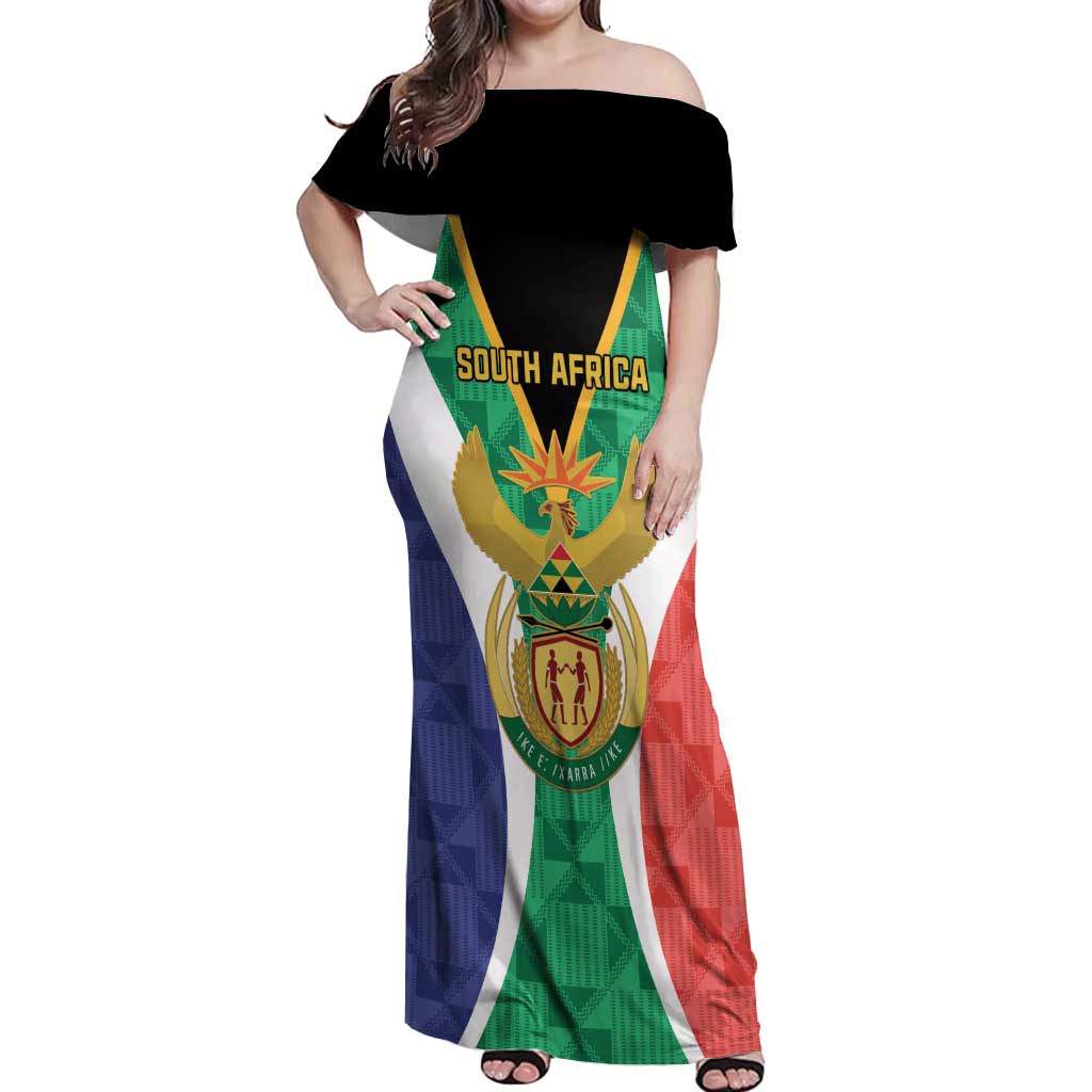 Personalised South Africa Off Shoulder Maxi Dress Coat Of Arms Flag Style