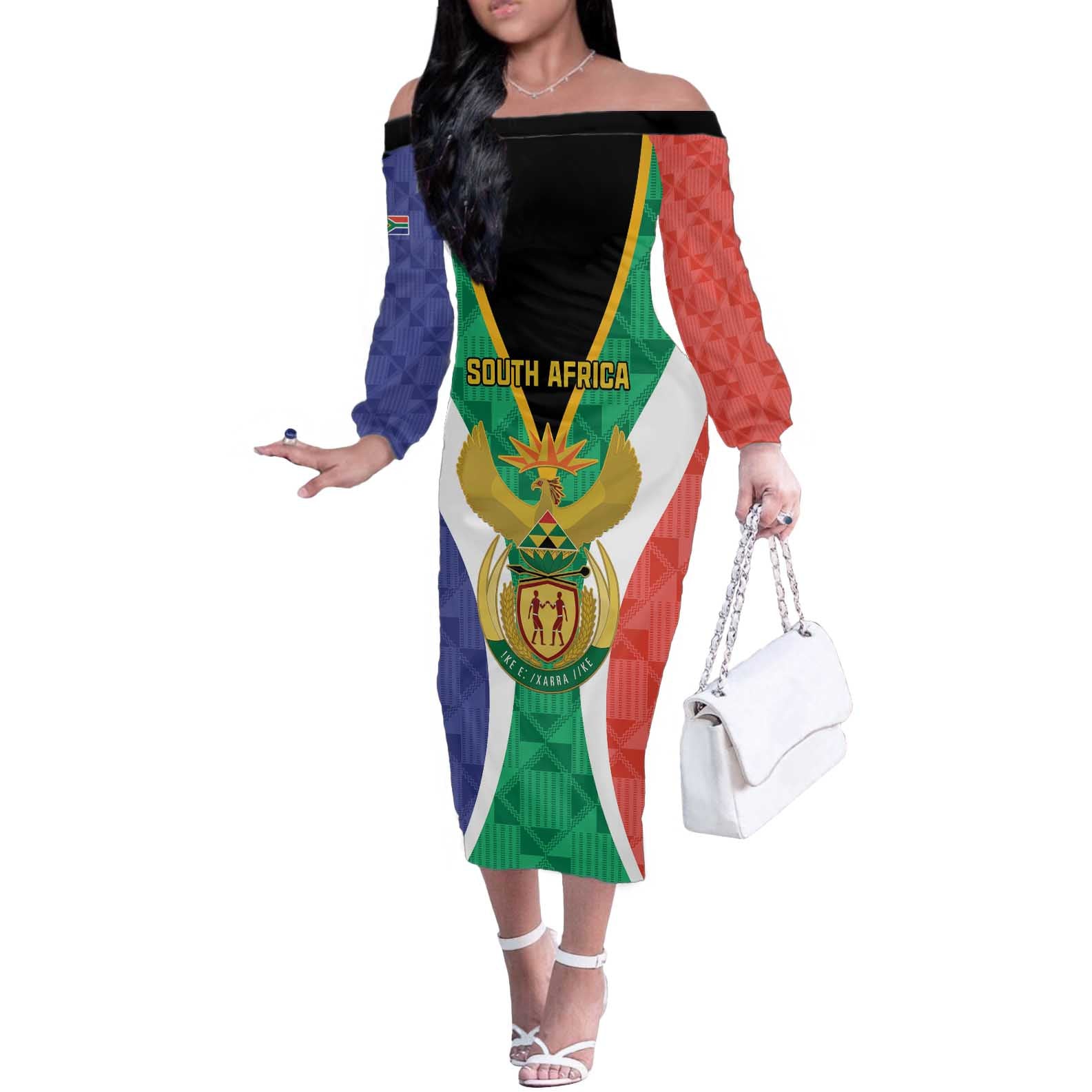 Personalised South Africa Off The Shoulder Long Sleeve Dress Coat Of Arms Flag Style