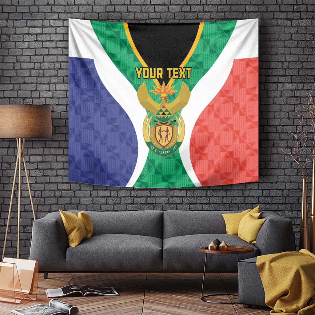 Personalized South Africa tapestry flag with gold crest on green/blue/red and 'YOUR TEXT'