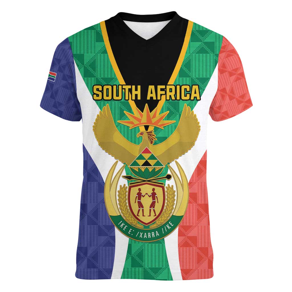 Personalised South Africa Women V-Neck T-Shirt Coat Of Arms Flag Style