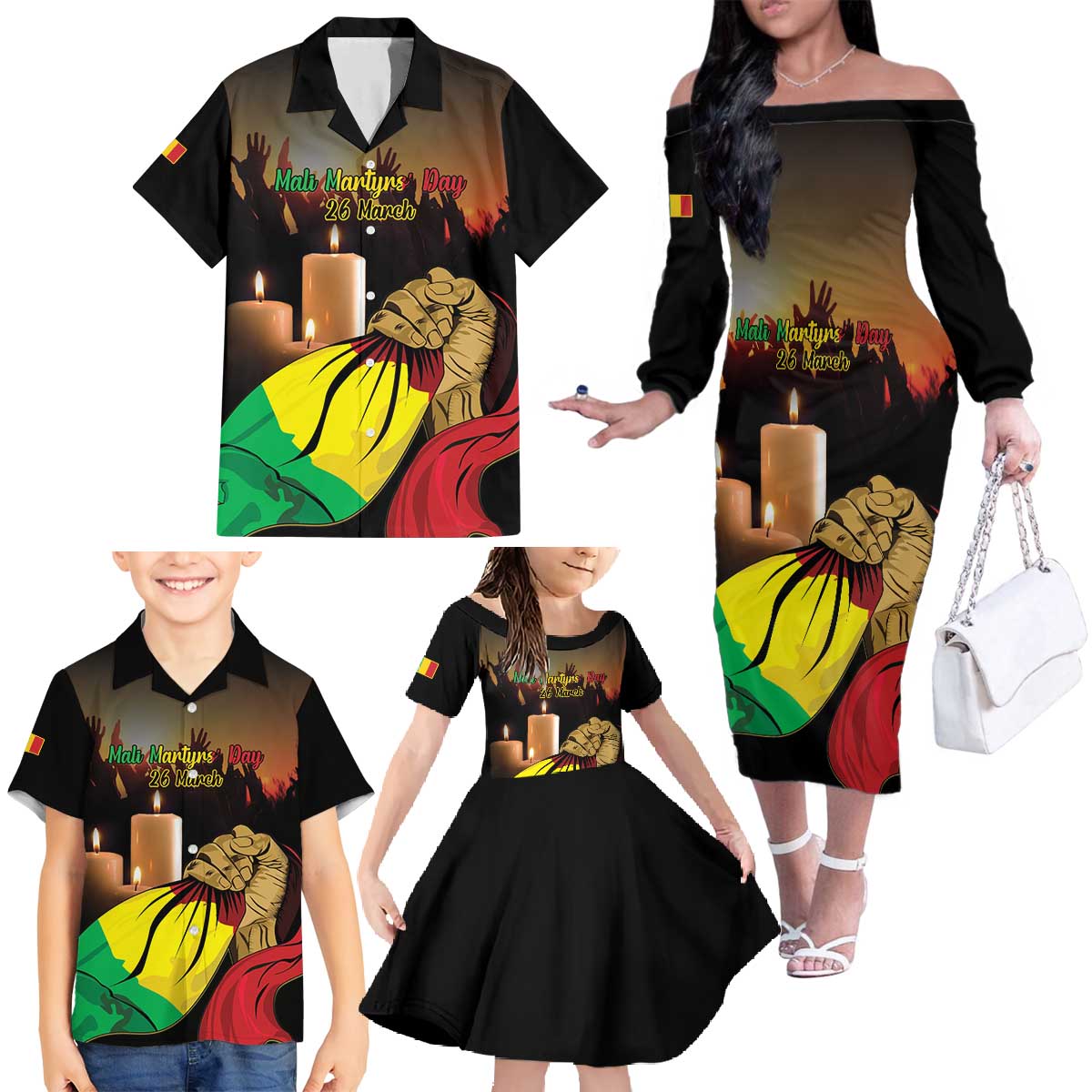 Personalised Mali Martyrs Day Family Matching Off The Shoulder Long Sleeve Dress and Hawaiian Shirt 26 March