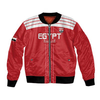 Red bomber jacket with front zip, black ribbed cuffs, Egypt crest and white stripe panels
