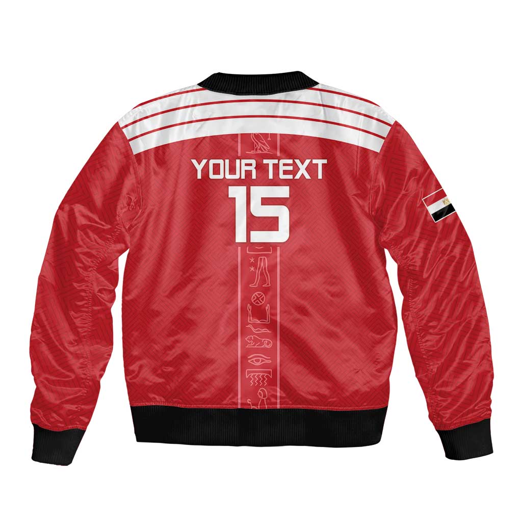 Red bomber jacket back with black collar and ribbed hem, YOUR TEXT 15 graphic