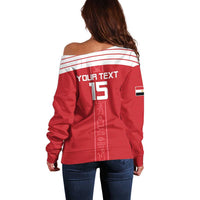 Red off-shoulder football sweater, striped shoulders, number back print