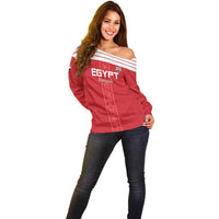 Red off-shoulder football sweater with Egypt crest and off-shoulder neckline