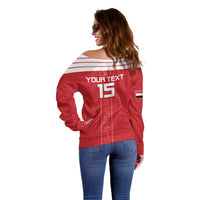 Red off-shoulder football sweater with striped yoke and back number '15'