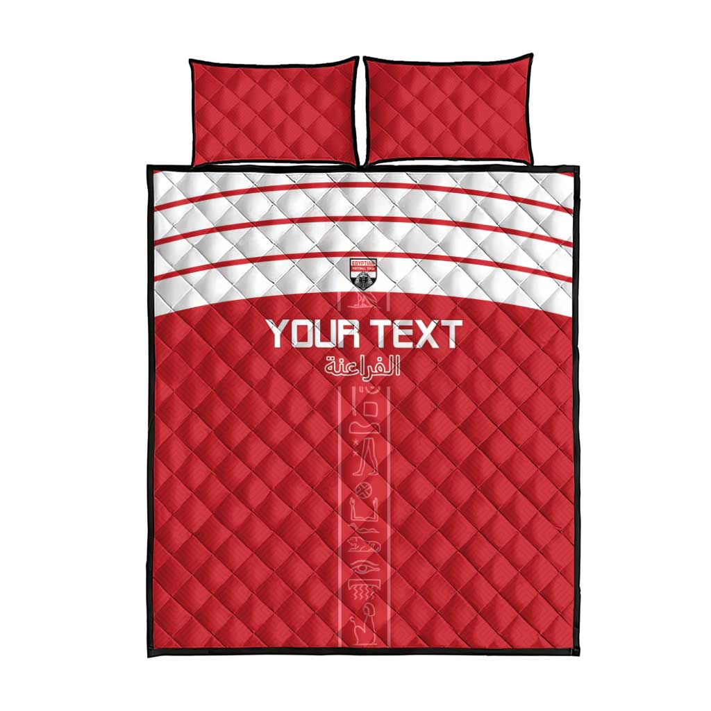 Red quilt bed set with 'YOUR TEXT' and Arabic text; two square pillows