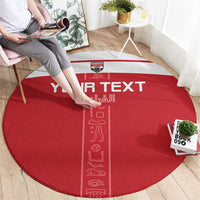 Round red football rug, YOUR TEXT print and pharaoh hieroglyphs down the center
