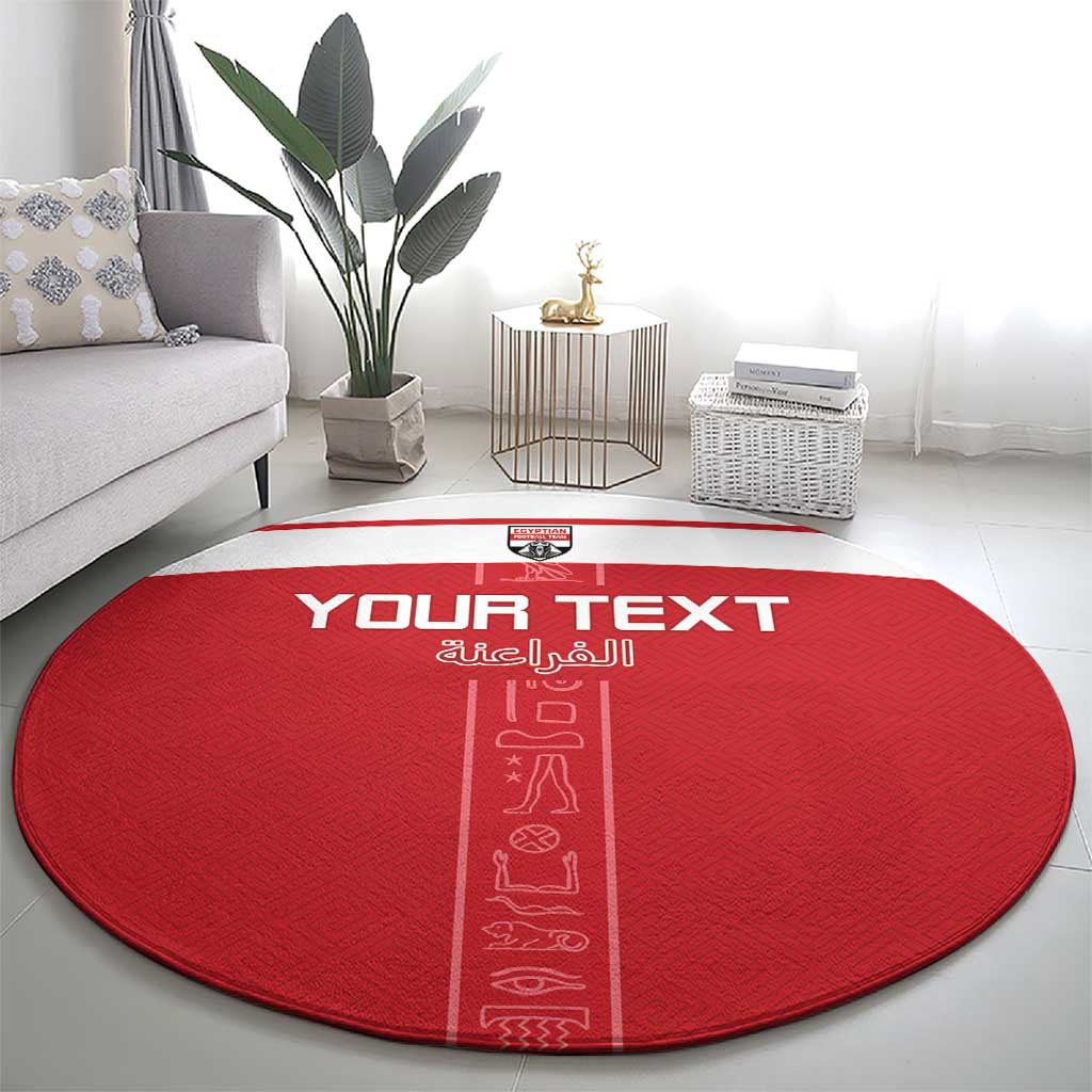 Round red football rug with YOUR TEXT lettering and pharaoh hieroglyph panel
