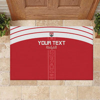 Custom red rubber doormat with white stripes and a “Your Text” center graphic