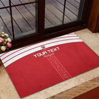 Red custom rubber doormat with white stripes and “Your Text” text in the middle