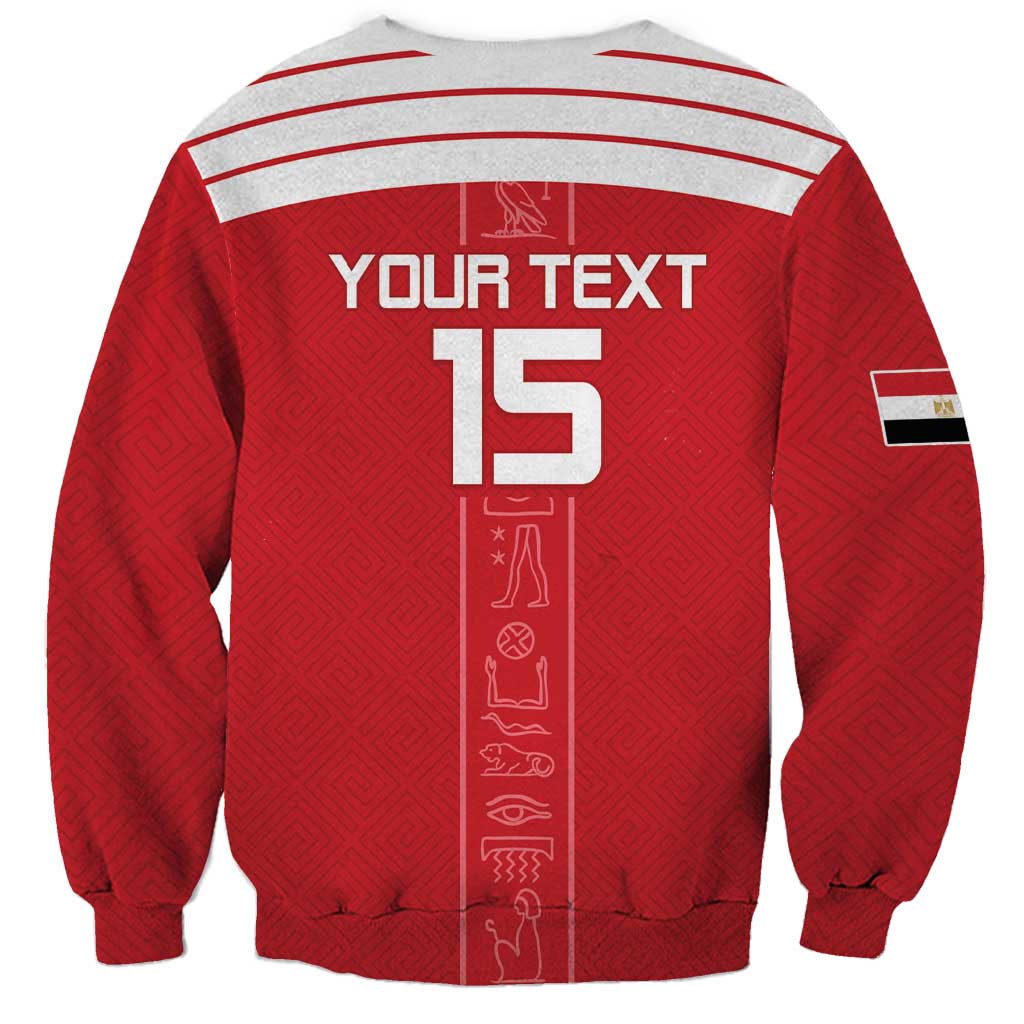Red football sweatshirt back with YOUR TEXT 15 and vertical hieroglyph panel