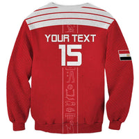 Red football sweatshirt back with YOUR TEXT 15 and vertical hieroglyph panel