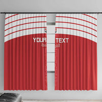 Red window curtain panels with white arched stripes and centered “YOUR TEXT” print.