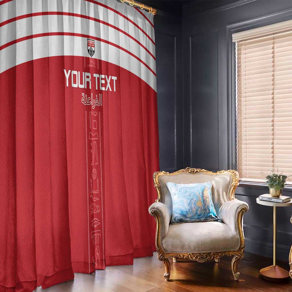 Red window curtain panel with white arched stripes and “YOUR TEXT” centered on fabric.