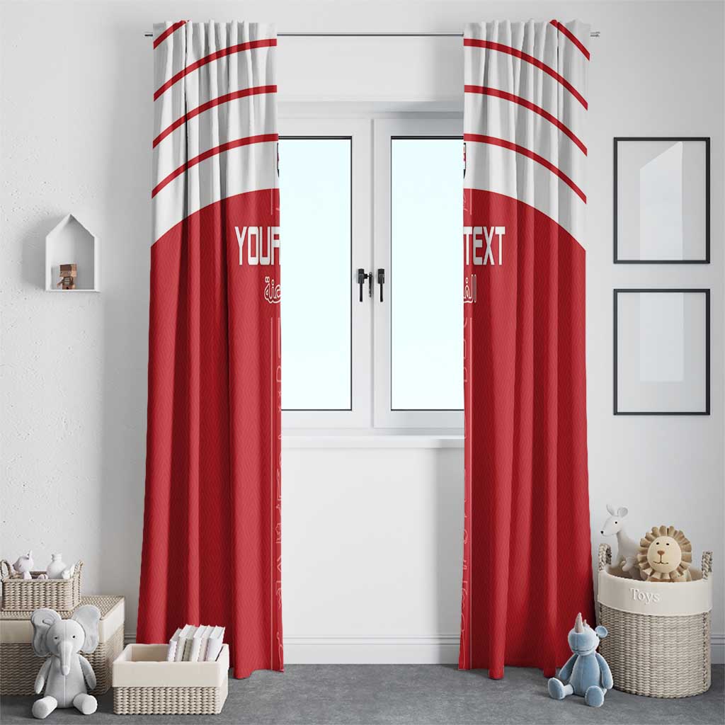 Red window curtain panels with white arched stripes and “YOUR TEXT” placeholders.