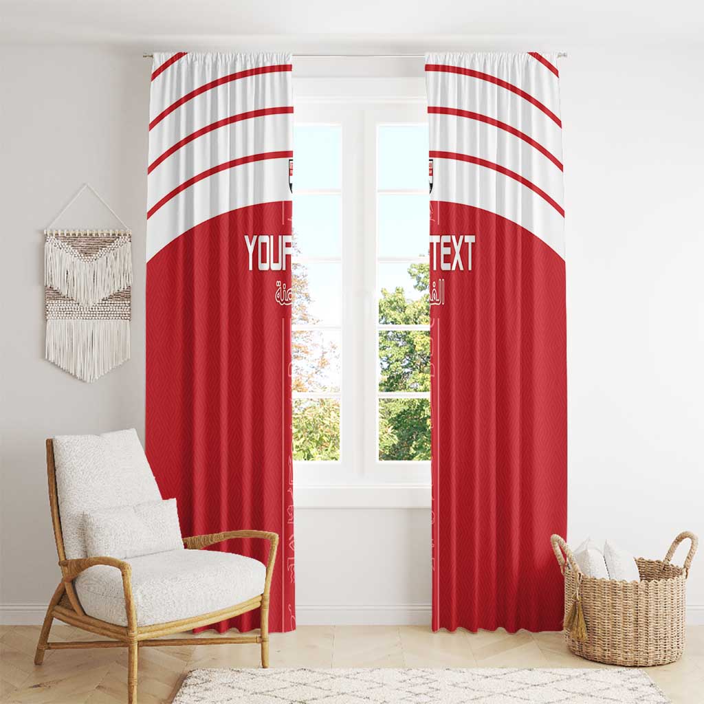 Red curtain panels with white arched stripes and centered “YOUR TEXT” and “TEXT” panels.