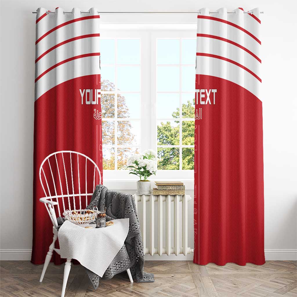 Red window curtain panels with white arched stripes and “YOUR TEXT” on the left panel.