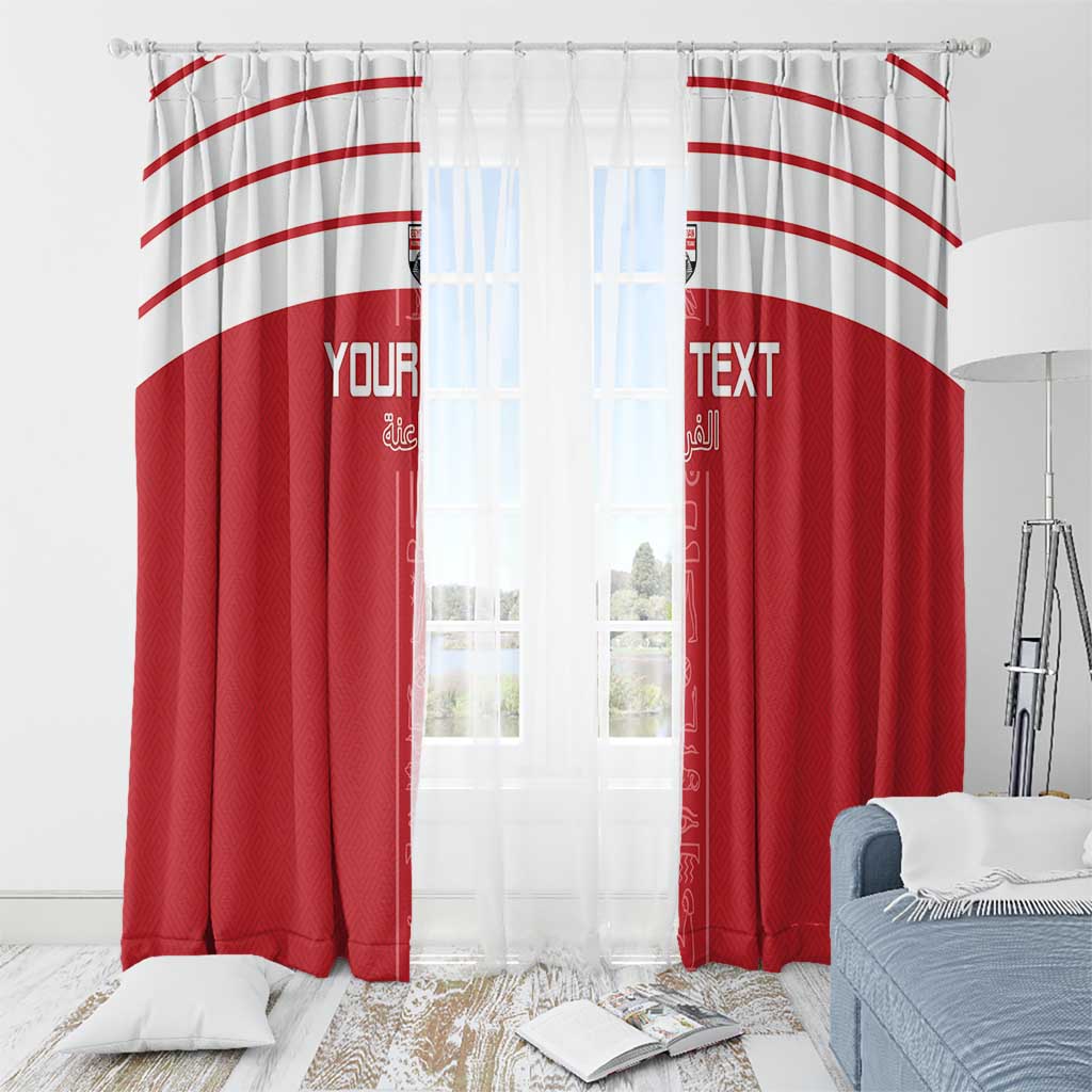 Red window curtain panels with white arched stripes and “YOUR TEXT” over sheer window light.