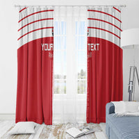 Red window curtain panels with white arched stripes and “YOUR TEXT” over sheer window light.