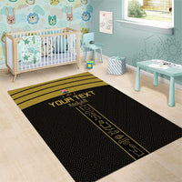 Black area rug with yellow border stripe, Egyptian symbols, and custom text for playroom