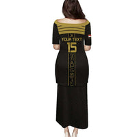 Black football jersey dress back with gold collar stripe, number 15, and your text